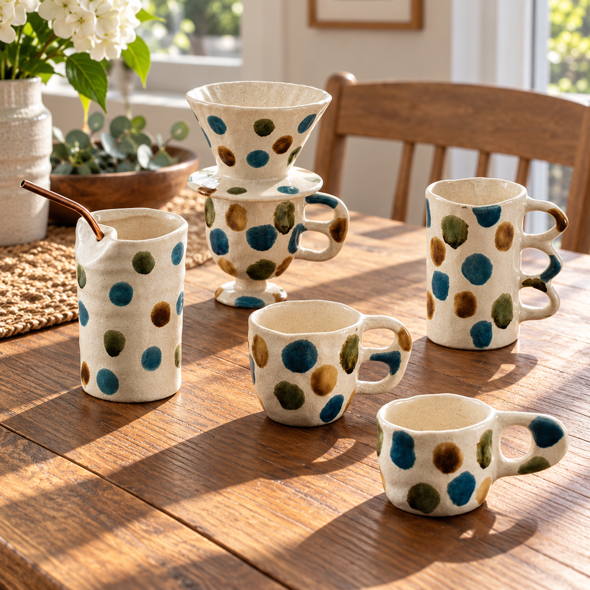 Multicolor Dot Ceramic Cups & Pour-Over Dripper – Blue, Olive & Ochre Designs