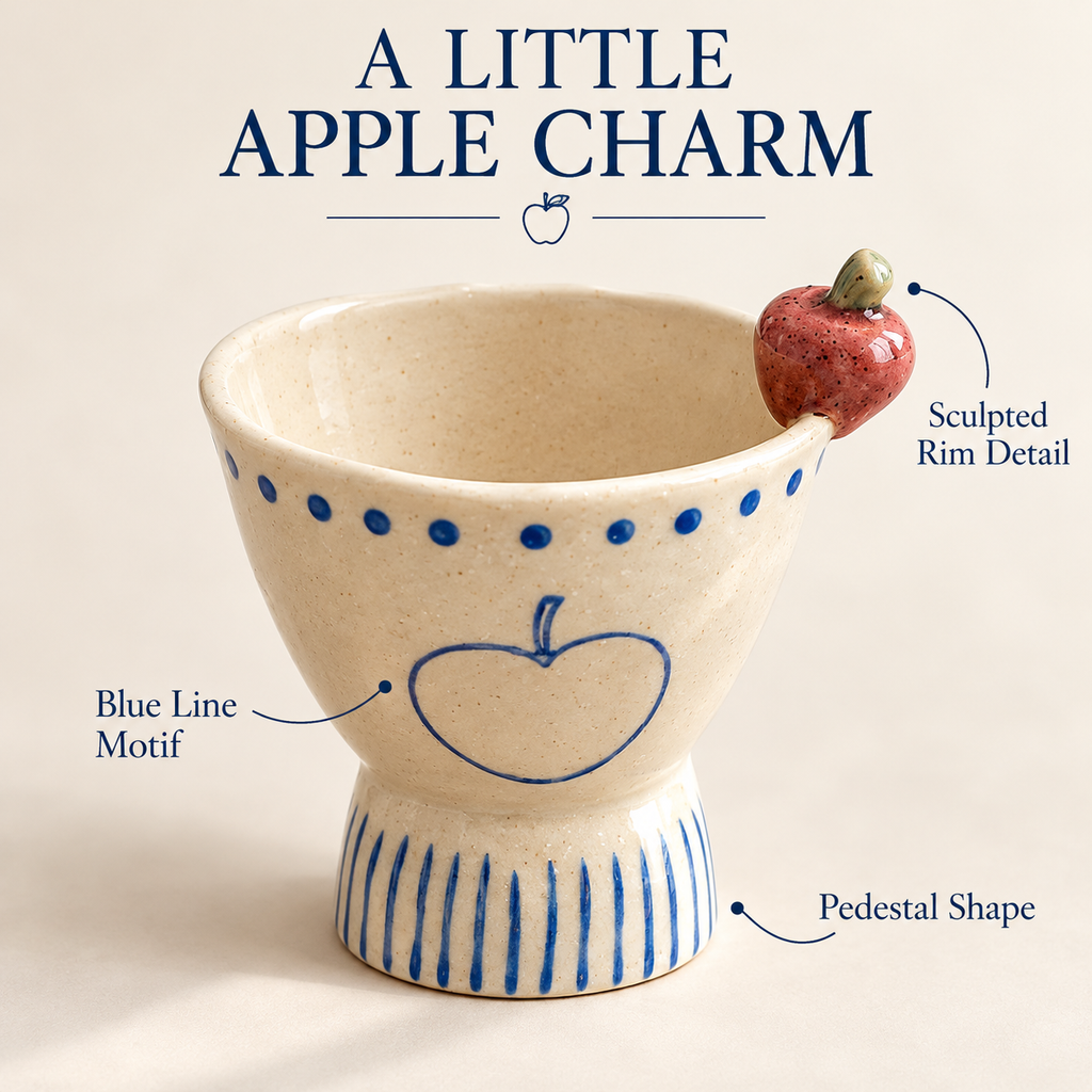 Apple Accent Ceramic Dessert Cup – Blue Motif Pedestal Bowl