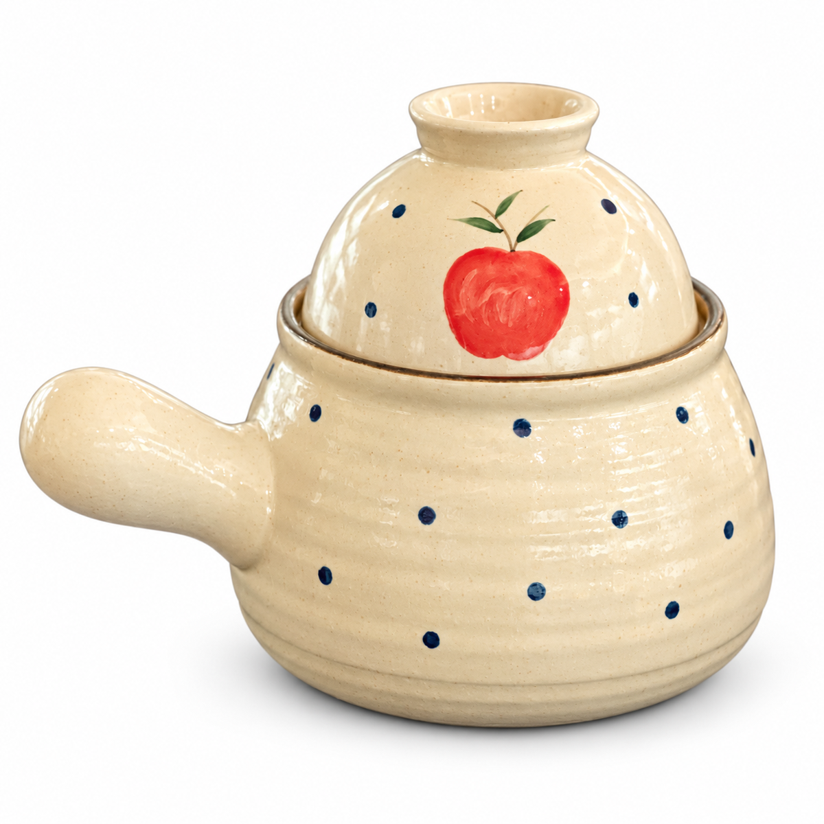 Apple Motif Ceramic Pot with Lid – Cream Glaze & Blue Dot Design