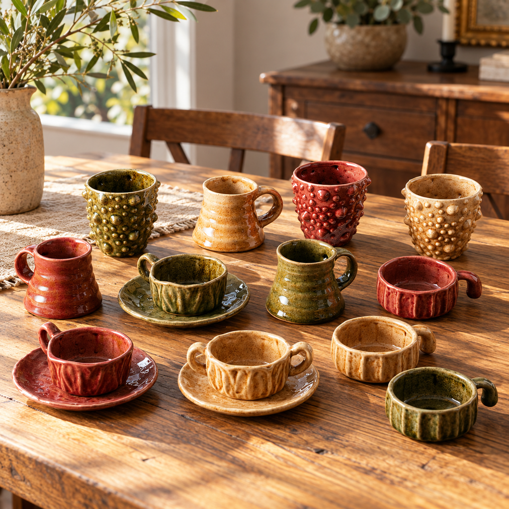Earth-Tone Textured Ceramic Cups & Saucers – Red, Olive & Cream Designs