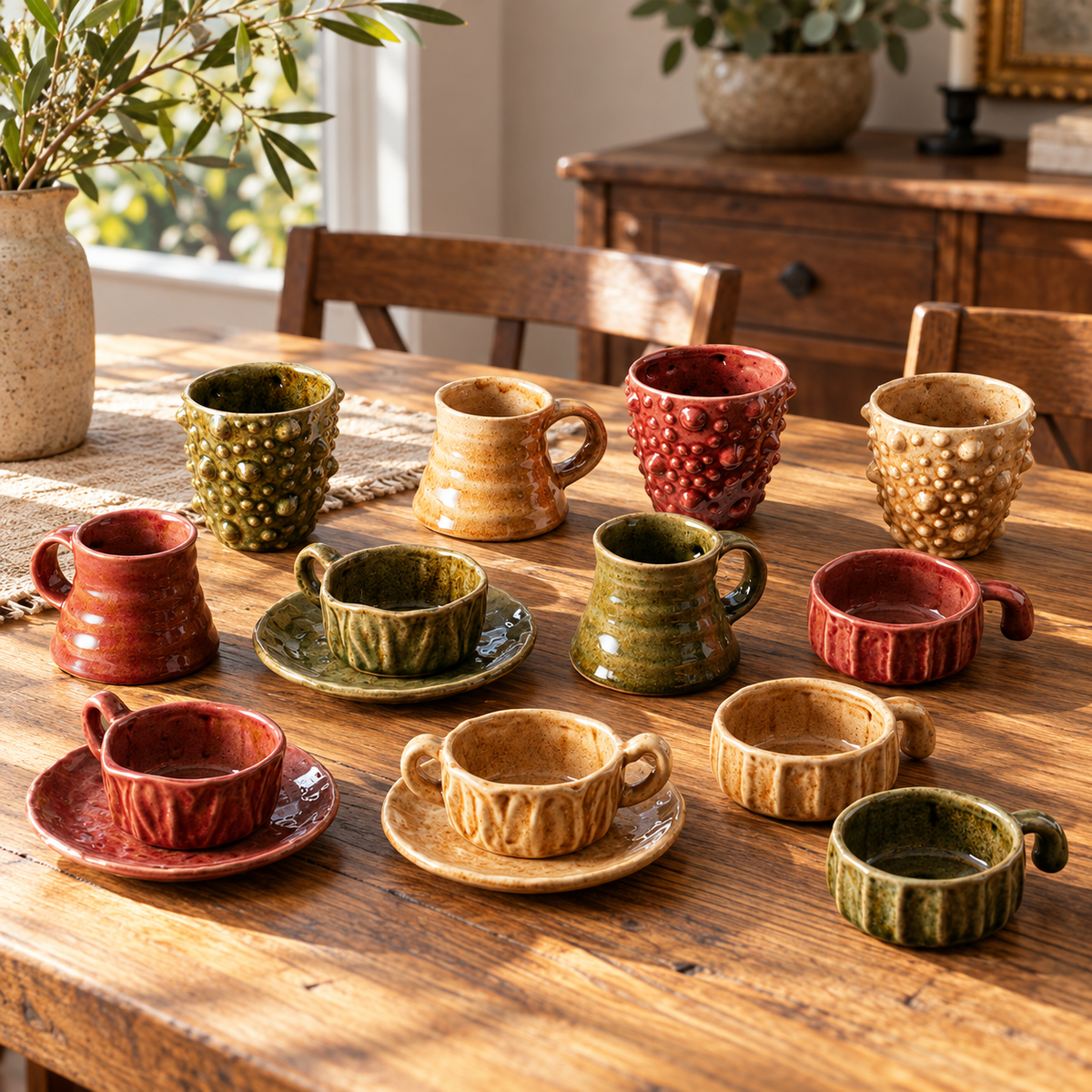 Earth-Tone Textured Ceramic Cups & Saucers – Red, Olive & Cream Designs
