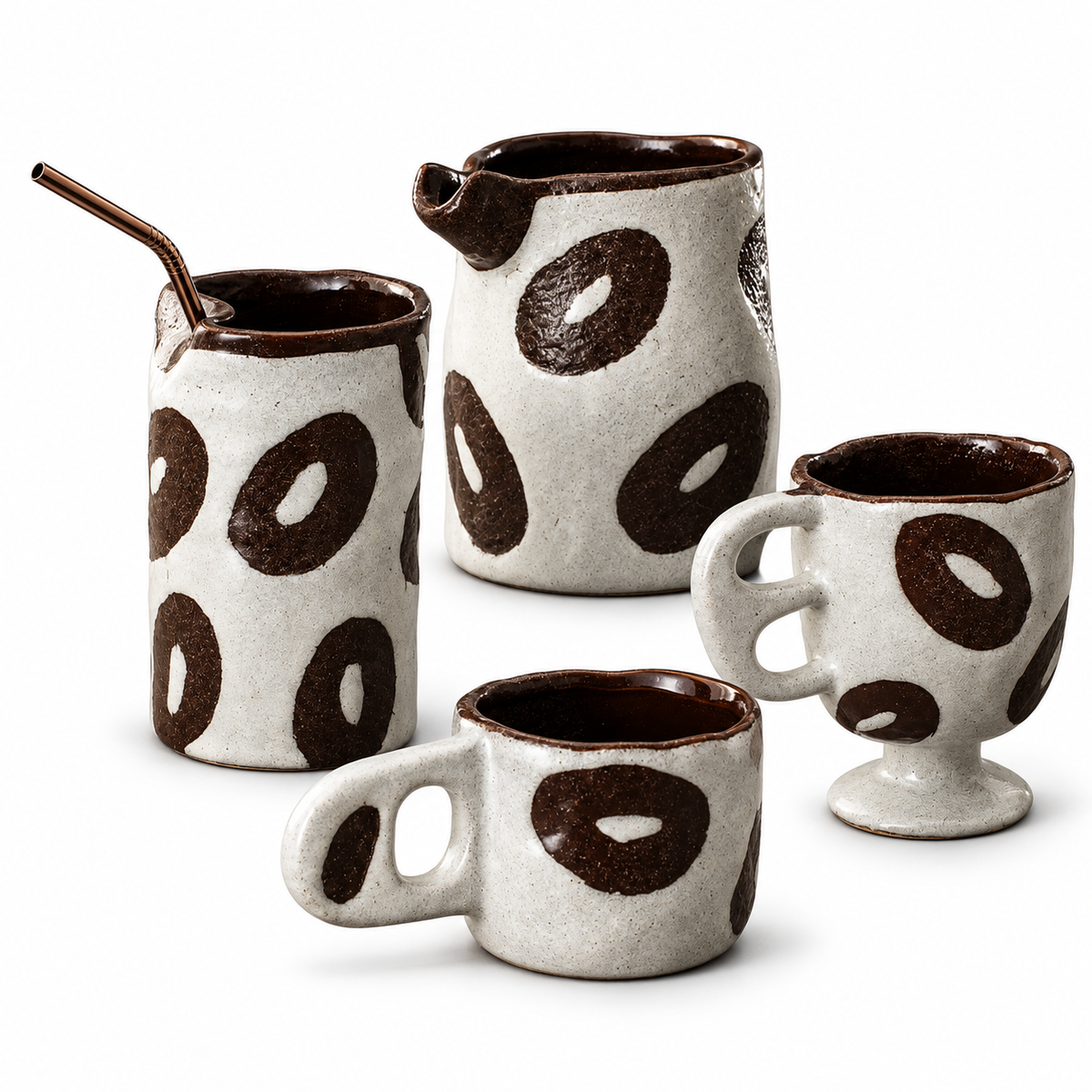 Brown Ring Ceramic Cups & Pouring Vessel – Sculptural Cream Tableware