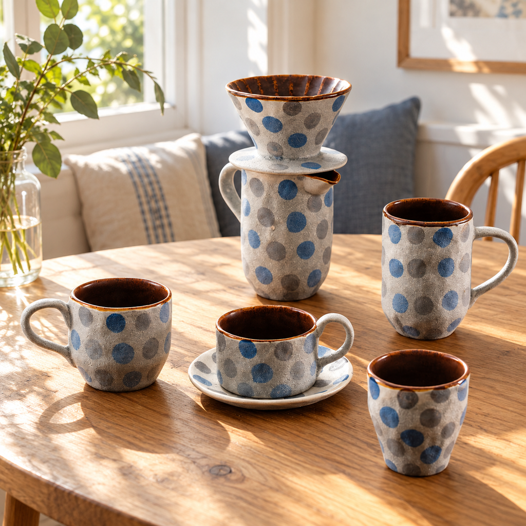 Blue Dot Ceramic Coffee Cups & Pour-Over Dripper – Gray Speckled Designs