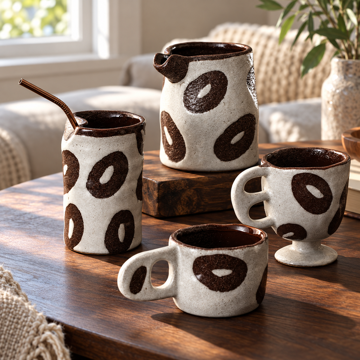 Brown Ring Ceramic Cups & Pouring Vessel – Sculptural Cream Tableware