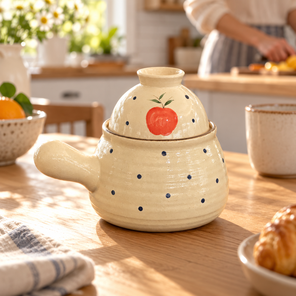Apple Motif Ceramic Pot with Lid – Cream Glaze & Blue Dot Design