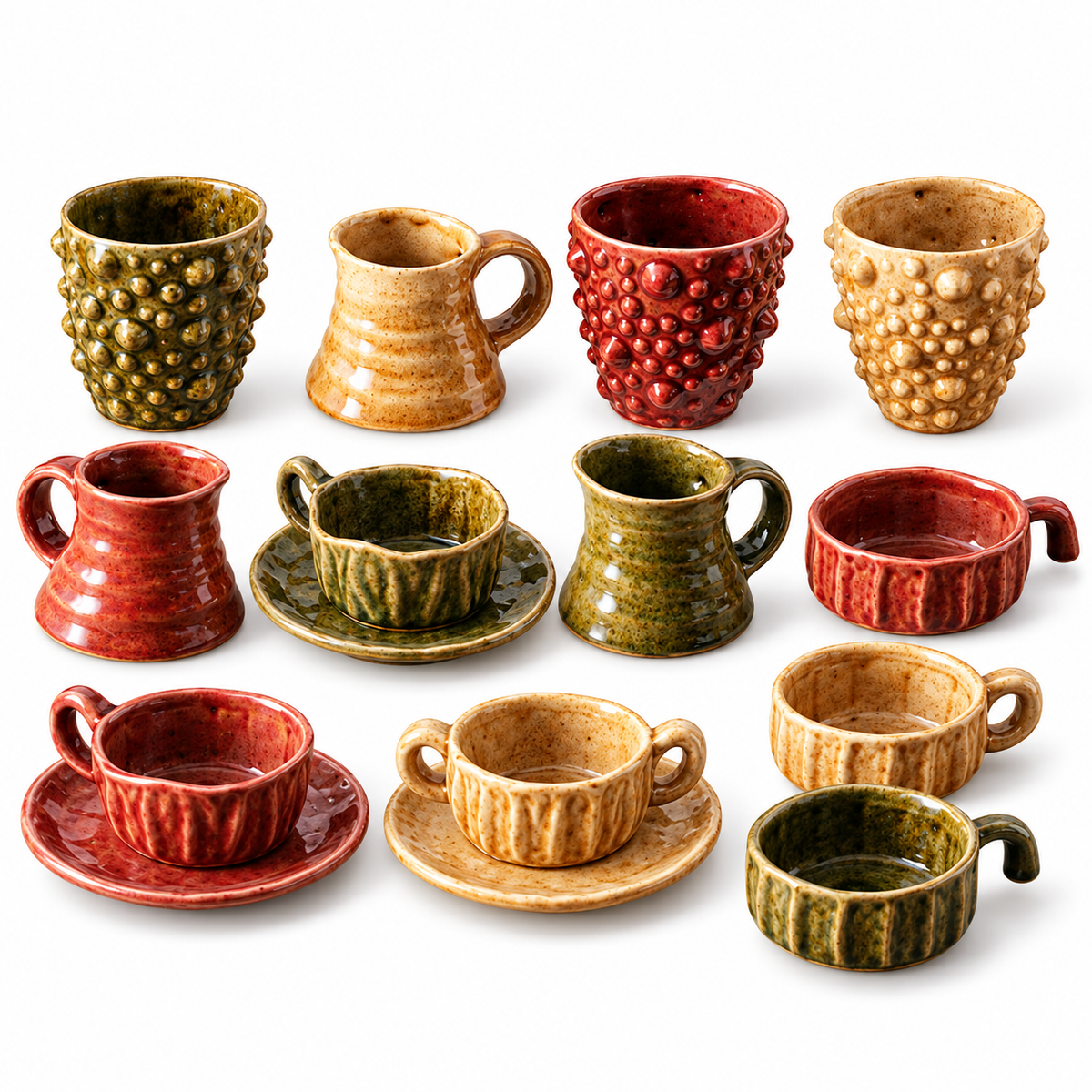 Earth-Tone Textured Ceramic Cups & Saucers – Red, Olive & Cream Designs