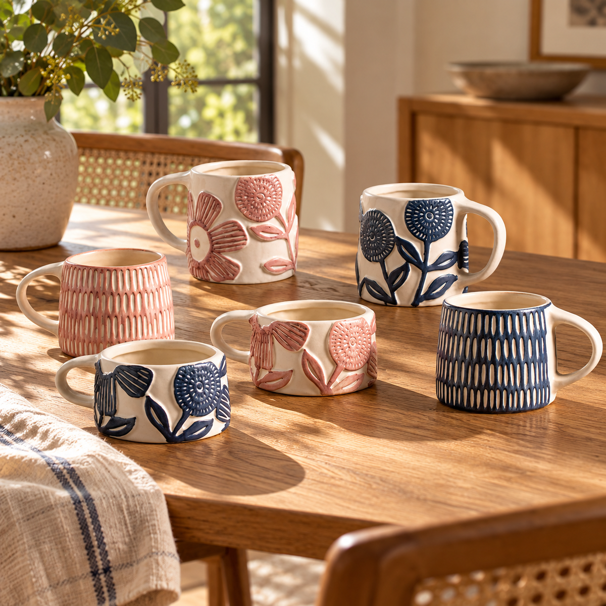 Floral Embossed Ceramic Mugs – Rose & Navy Textured Cup Designs