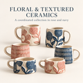Floral Embossed Ceramic Mugs – Rose & Navy Textured Cup Designs