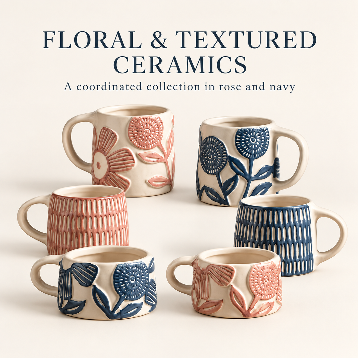 Floral Embossed Ceramic Mugs – Rose & Navy Textured Cup Designs