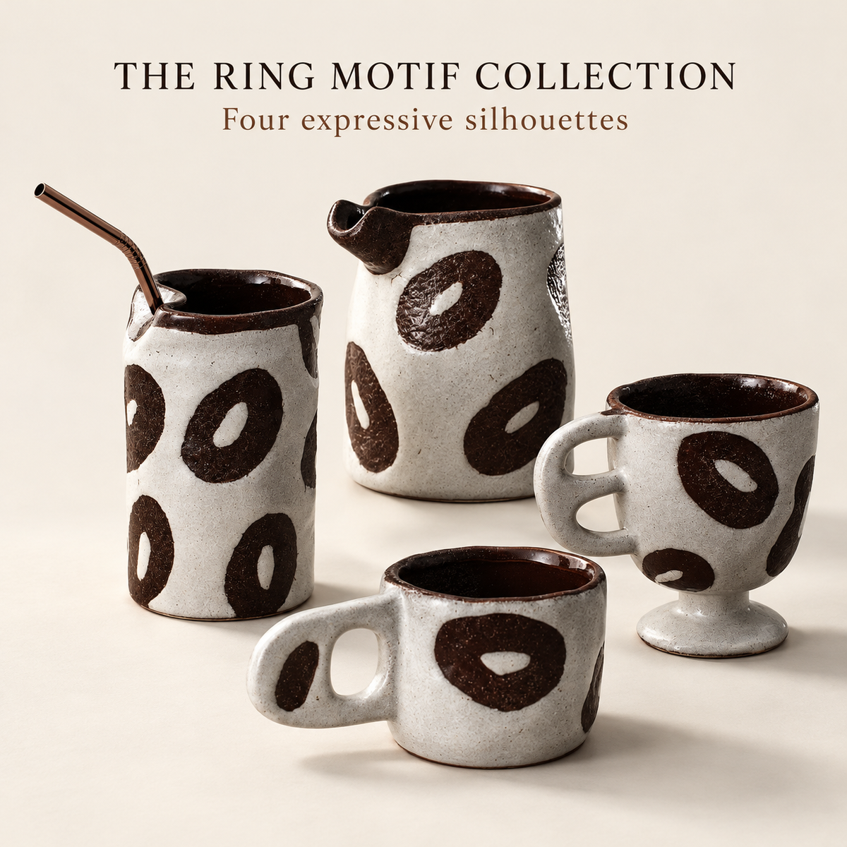 Brown Ring Ceramic Cups & Pouring Vessel – Sculptural Cream Tableware