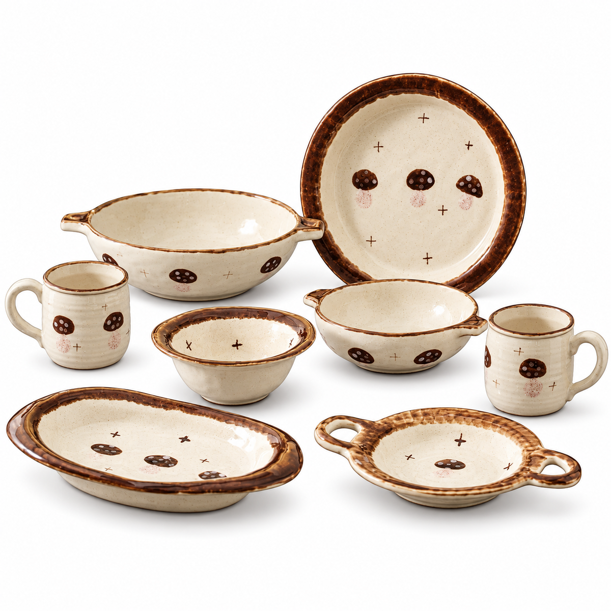 Mushroom Motif Ceramic Tableware – Cream & Brown Cups, Bowls and Plates