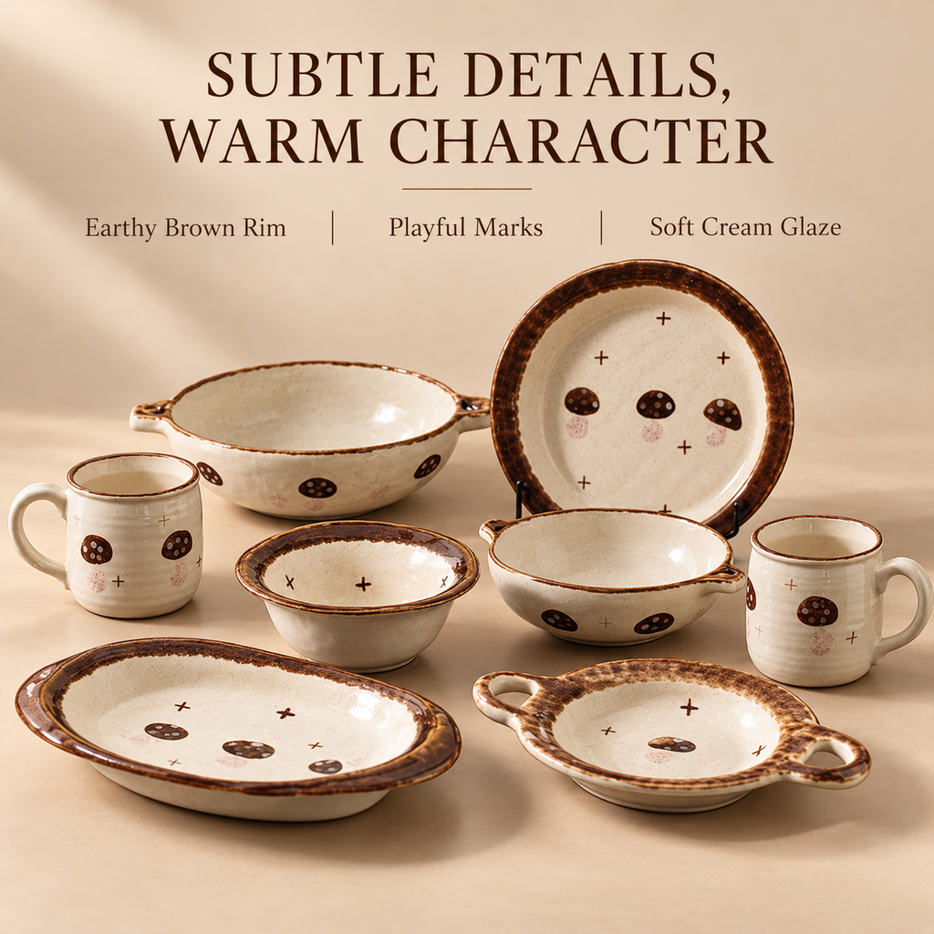 Mushroom Motif Ceramic Tableware – Cream & Brown Cups, Bowls and Plates