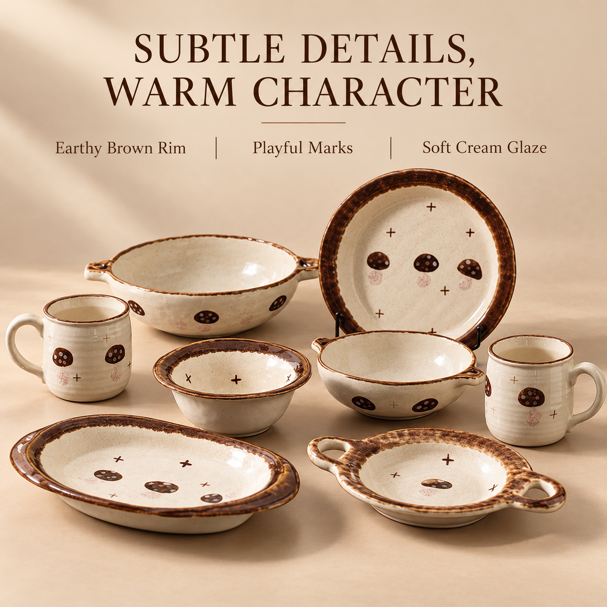 Mushroom Motif Ceramic Tableware – Cream & Brown Cups, Bowls and Plates