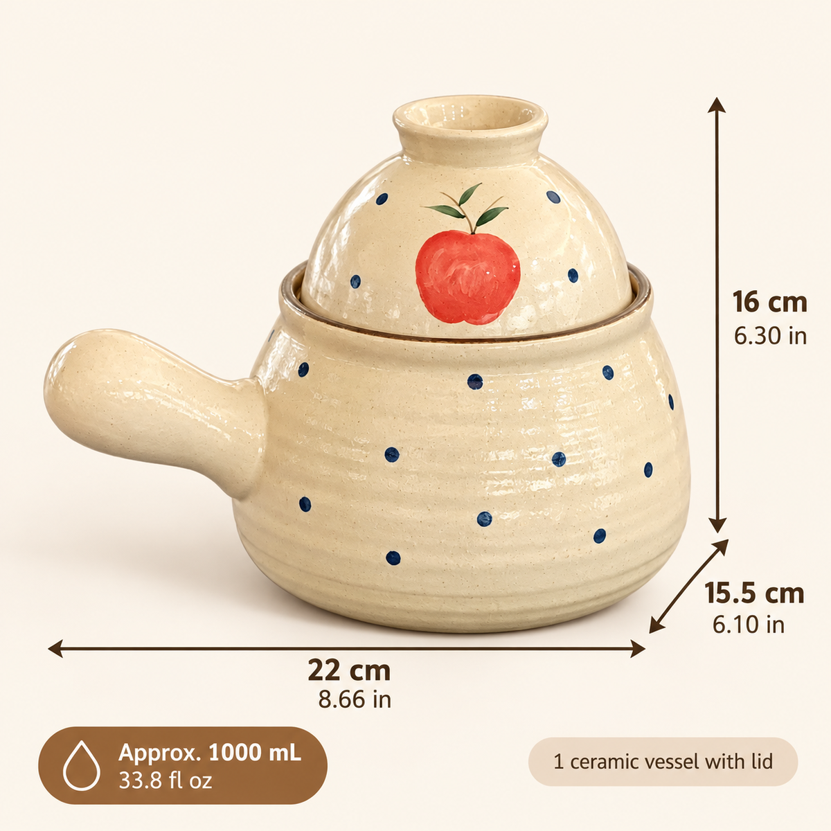 Apple Motif Ceramic Pot with Lid – Cream Glaze & Blue Dot Design