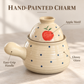 Apple Motif Ceramic Pot with Lid – Cream Glaze & Blue Dot Design