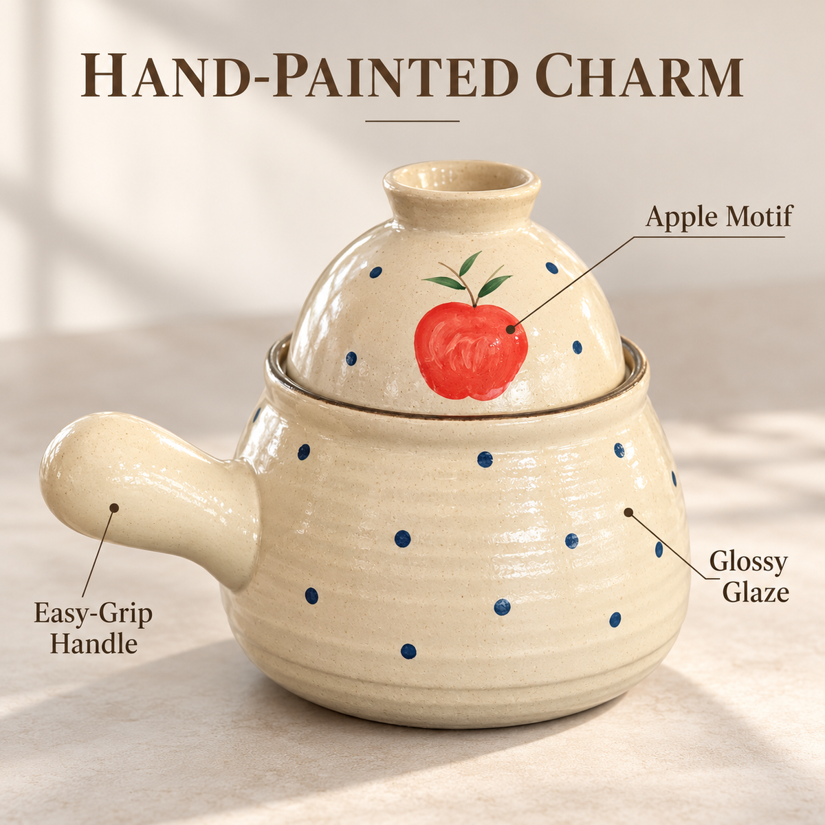 Apple Motif Ceramic Pot with Lid – Cream Glaze & Blue Dot Design