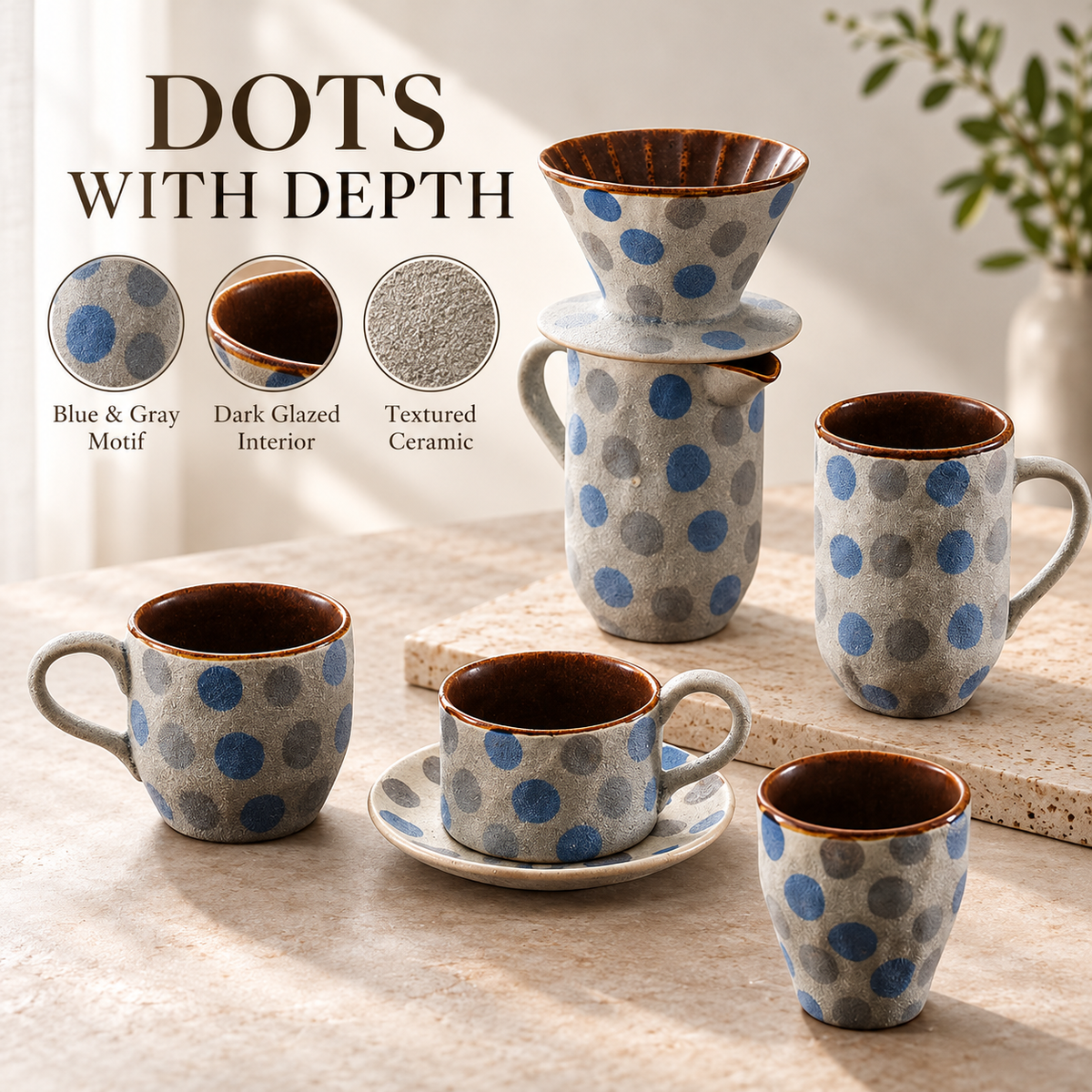 Blue Dot Ceramic Coffee Cups & Pour-Over Dripper – Gray Speckled Designs