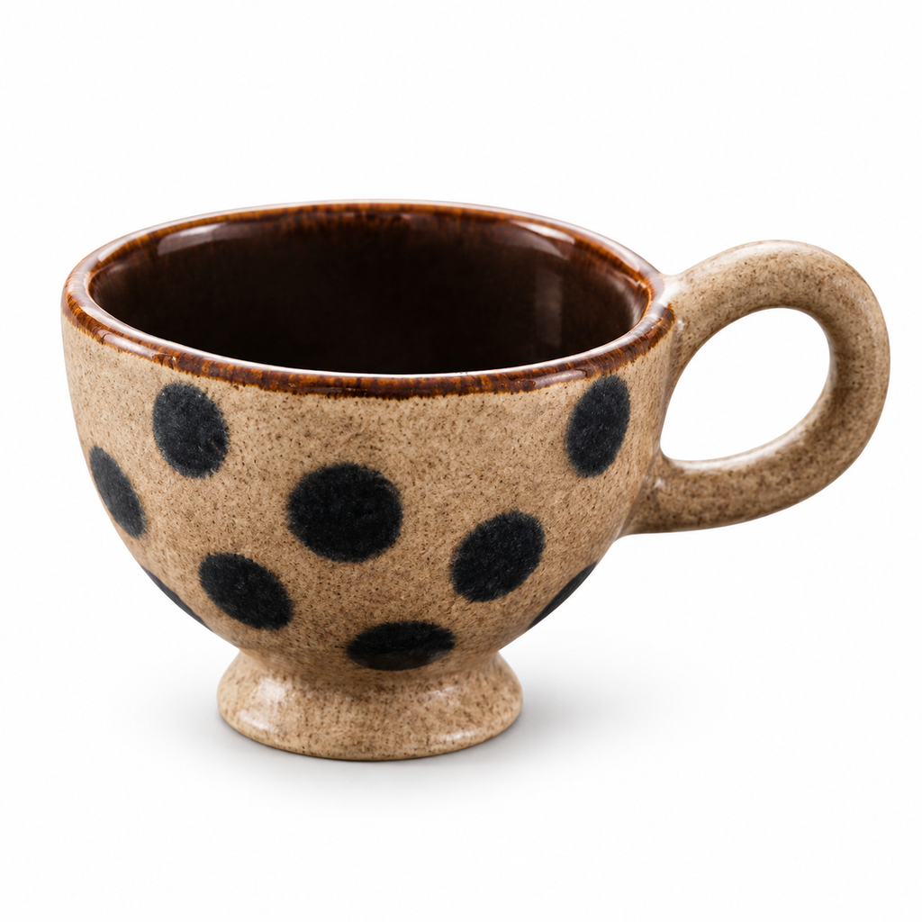Black Dot Pedestal Ceramic Cup – Beige Textured Glaze & Brown Interior