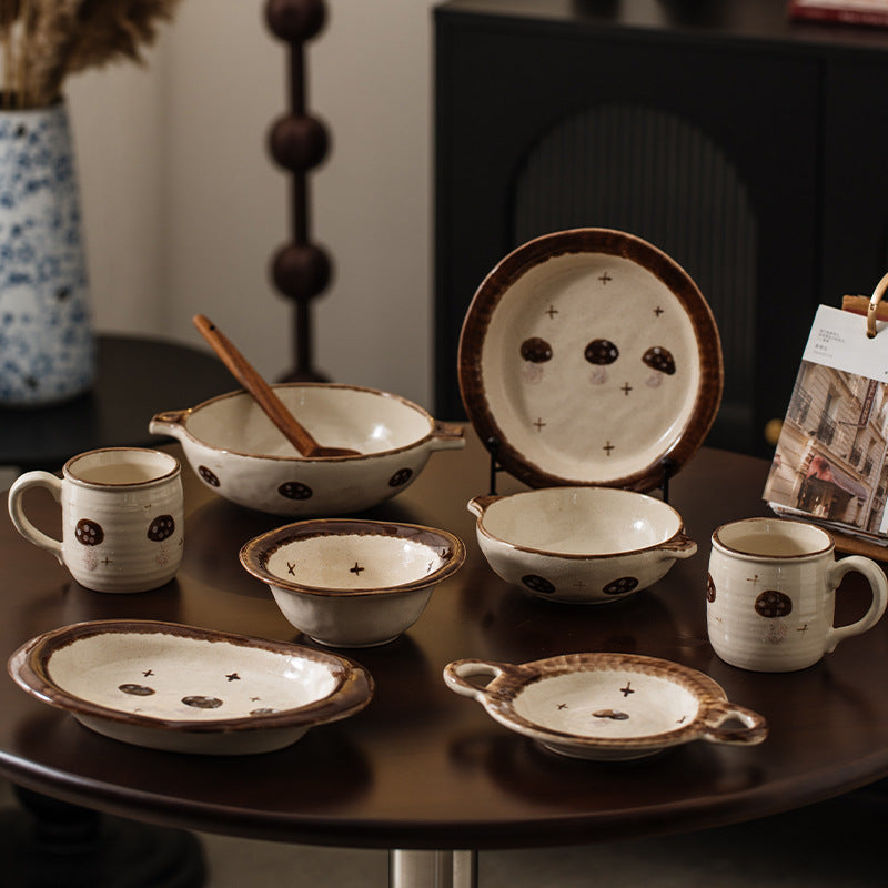 Mushroom Motif Ceramic Tableware – Cream & Brown Cups, Bowls and Plates