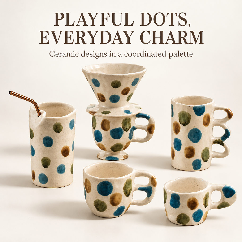 Multicolor Dot Ceramic Cups & Pour-Over Dripper – Blue, Olive & Ochre Designs