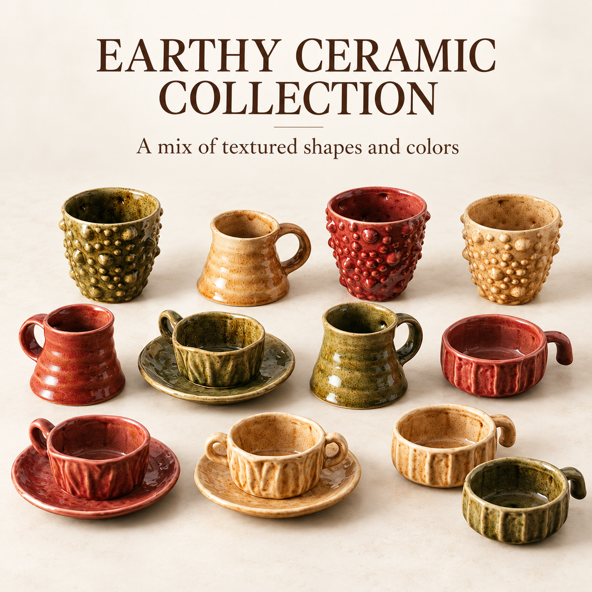 Earth-Tone Textured Ceramic Cups & Saucers – Red, Olive & Cream Designs