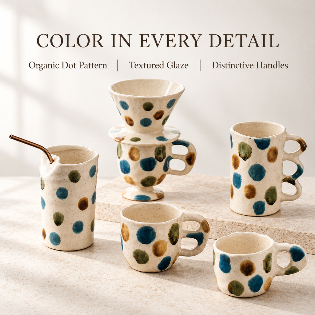 Multicolor Dot Ceramic Cups & Pour-Over Dripper – Blue, Olive & Ochre Designs