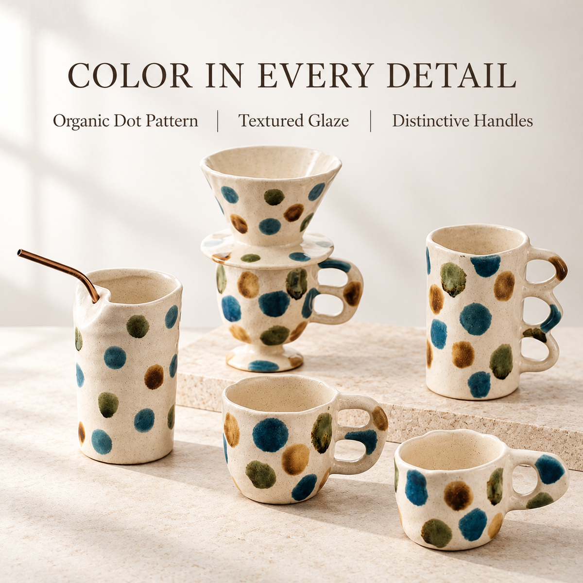Multicolor Dot Ceramic Cups & Pour-Over Dripper – Blue, Olive & Ochre Designs