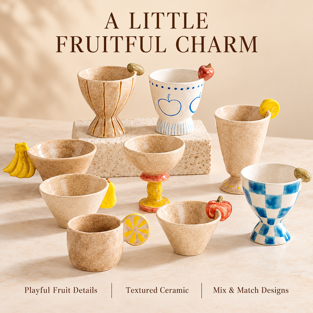 Fruit-Accent Ceramic Cups & Bowls – Playful Mini Designs