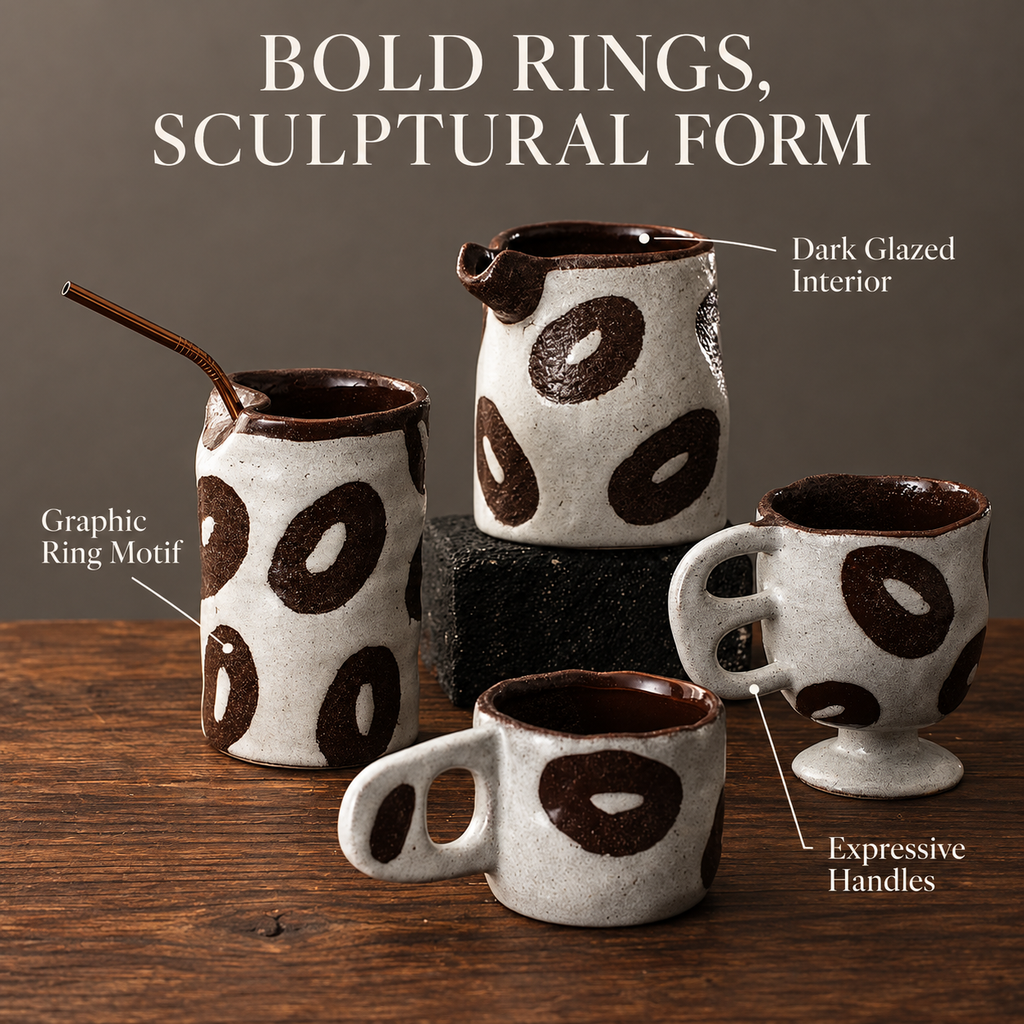 Brown Ring Ceramic Cups & Pouring Vessel – Sculptural Cream Tableware