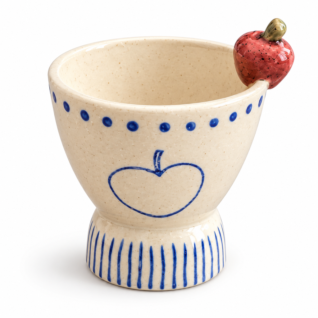Apple Accent Ceramic Dessert Cup – Blue Motif Pedestal Bowl
