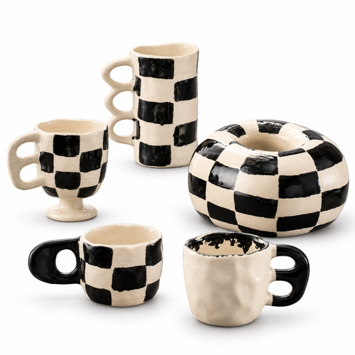 Black & White Checker Ceramic Collection – Sculptural Cups & Decorative Accent