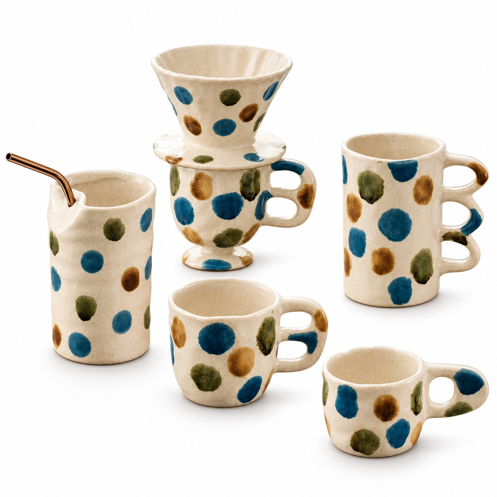 Multicolor Dot Ceramic Cups & Pour-Over Dripper – Blue, Olive & Ochre Designs