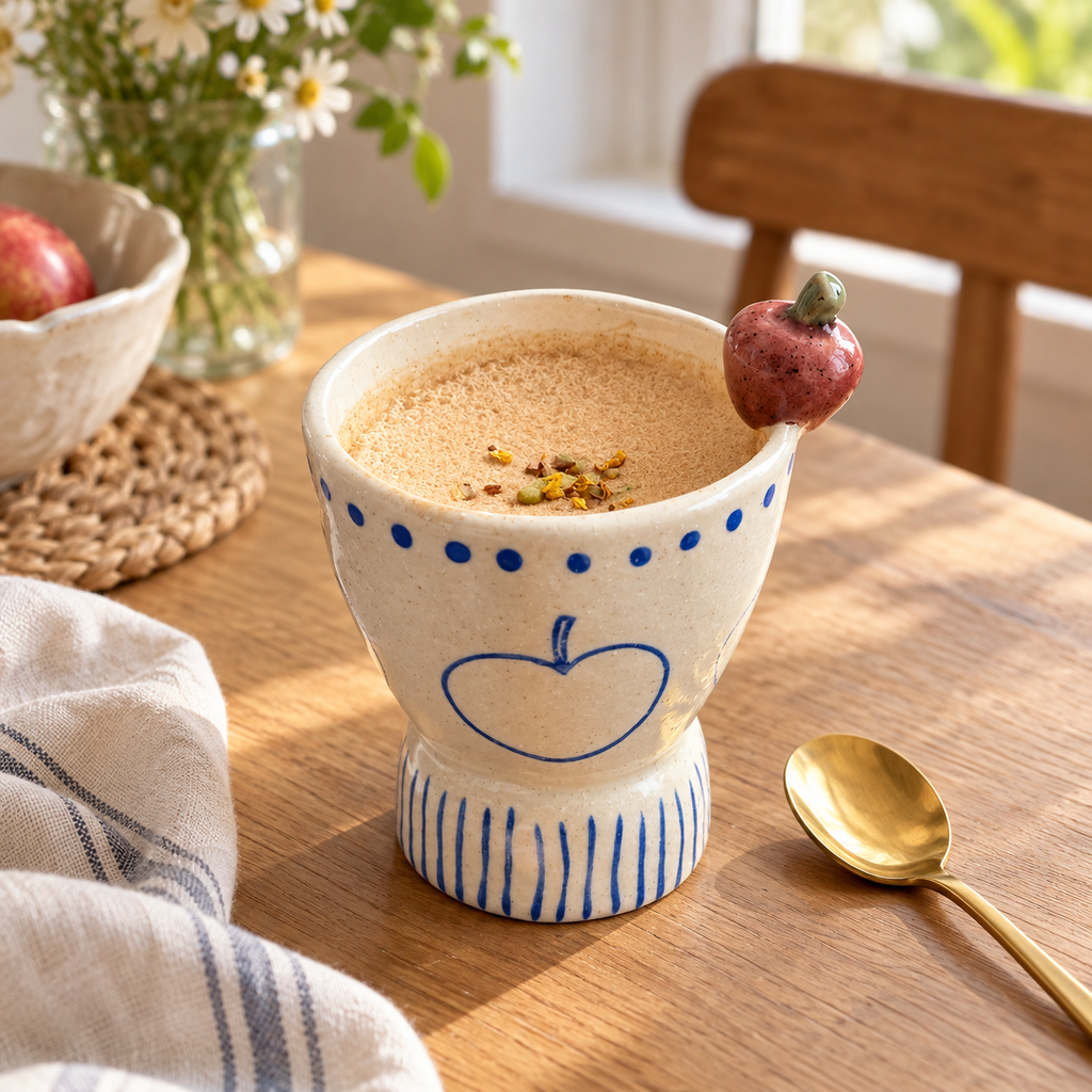 Apple Accent Ceramic Dessert Cup – Blue Motif Pedestal Bowl