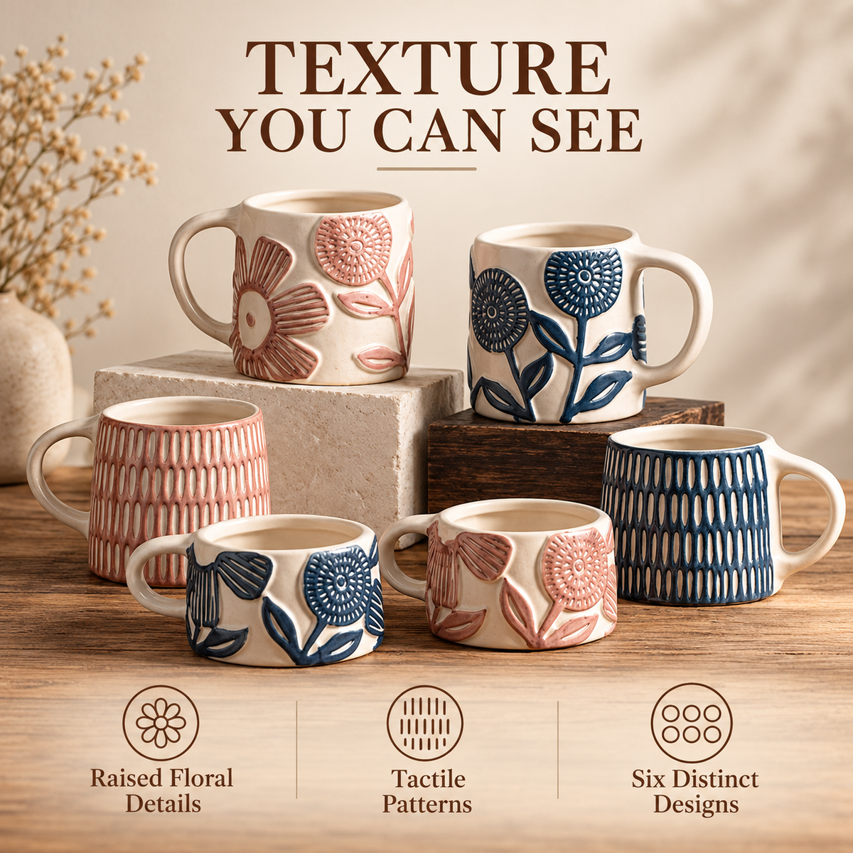 Floral Embossed Ceramic Mugs – Rose & Navy Textured Cup Designs