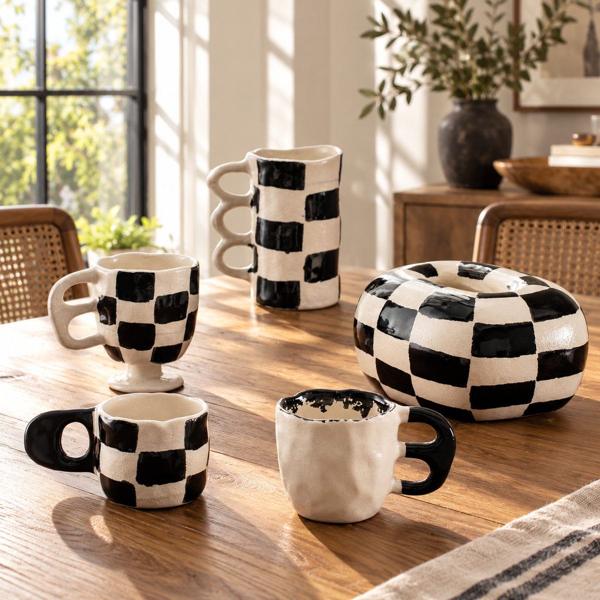 Black & White Checker Ceramic Collection – Sculptural Cups & Decorative Accent