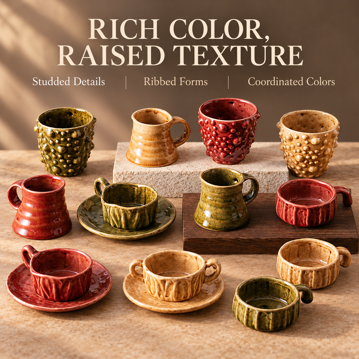 Earth-Tone Textured Ceramic Cups & Saucers – Red, Olive & Cream Designs