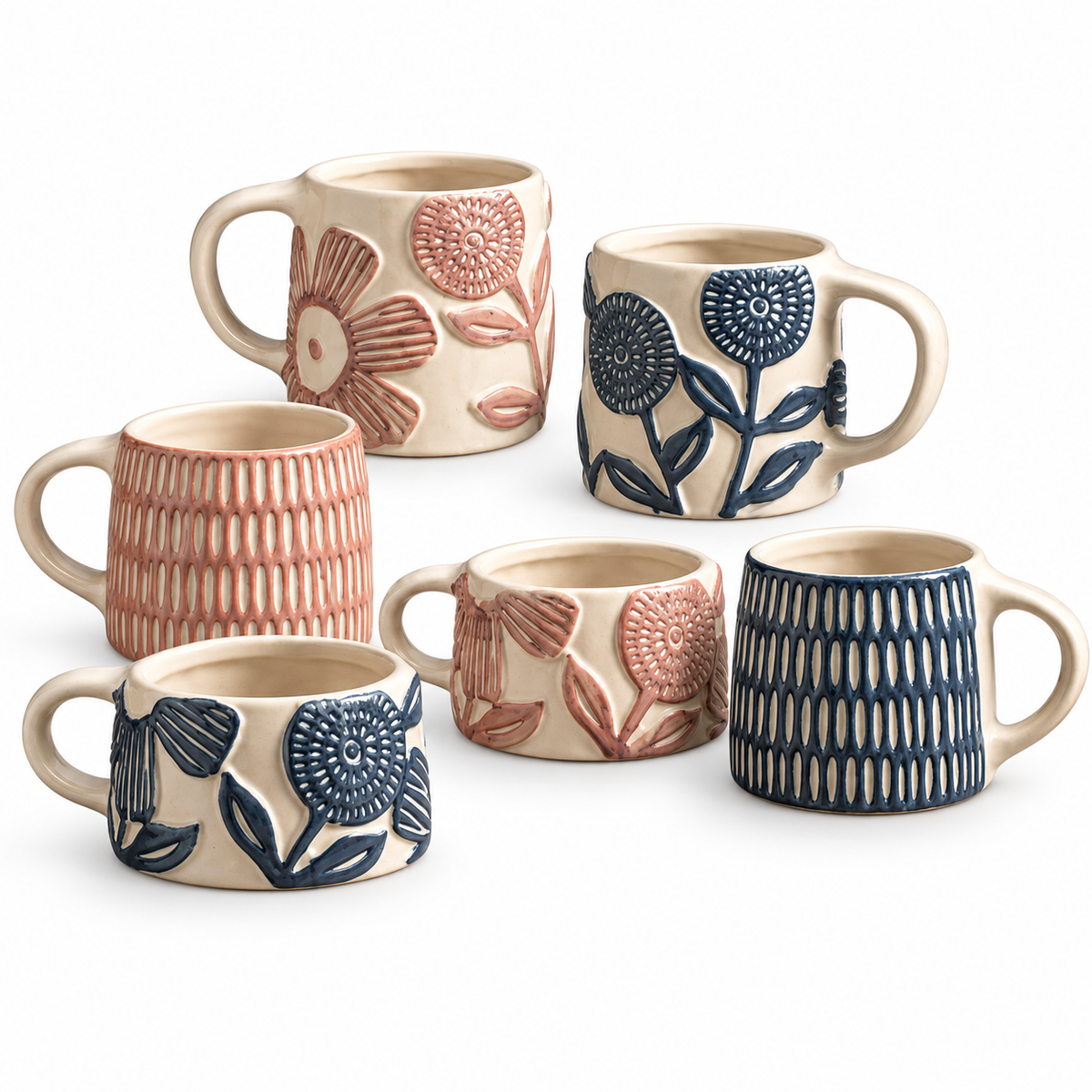 Floral Embossed Ceramic Mugs – Rose & Navy Textured Cup Designs