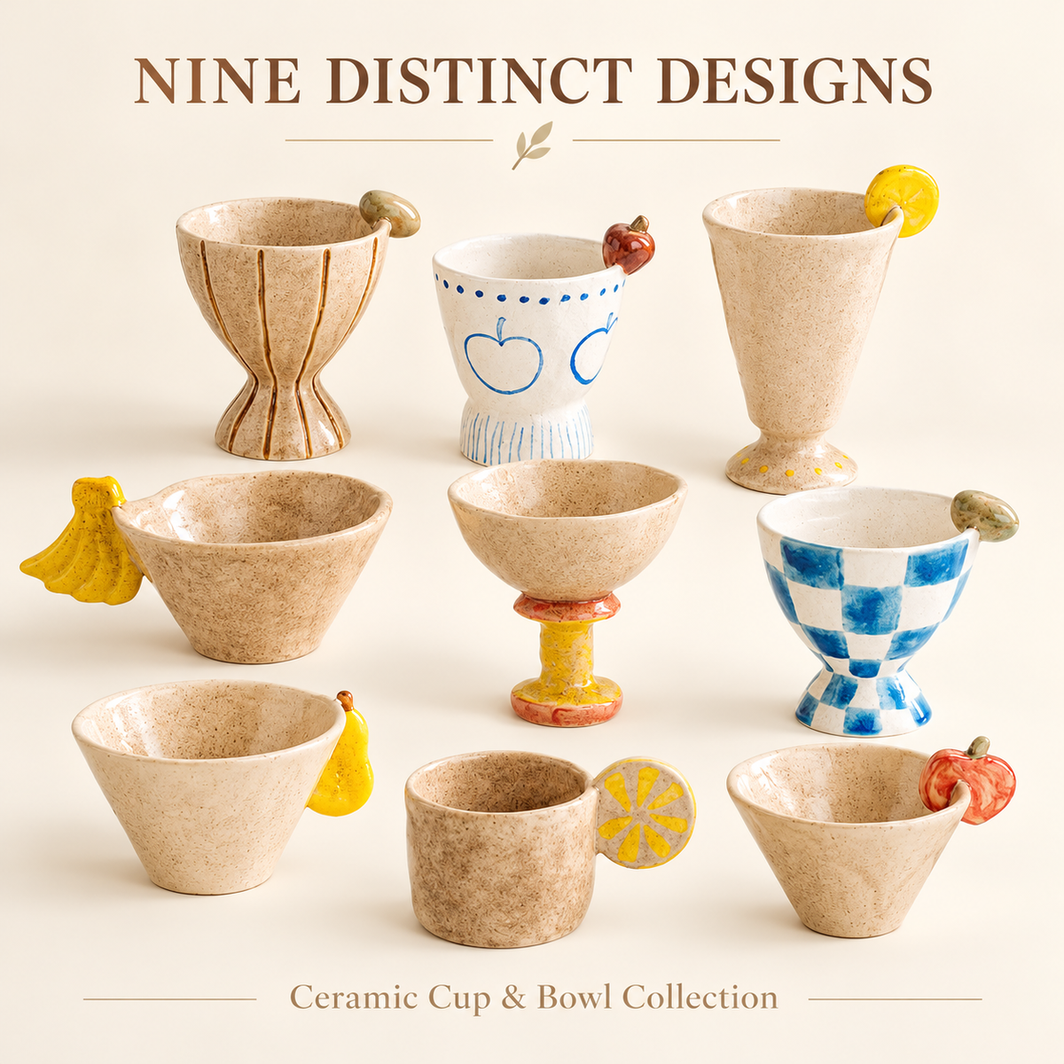 Fruit-Accent Ceramic Cups & Bowls – Playful Mini Designs