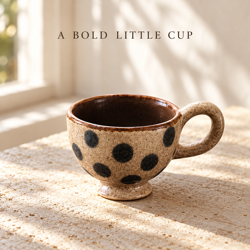 Black Dot Pedestal Ceramic Cup – Beige Textured Glaze & Brown Interior