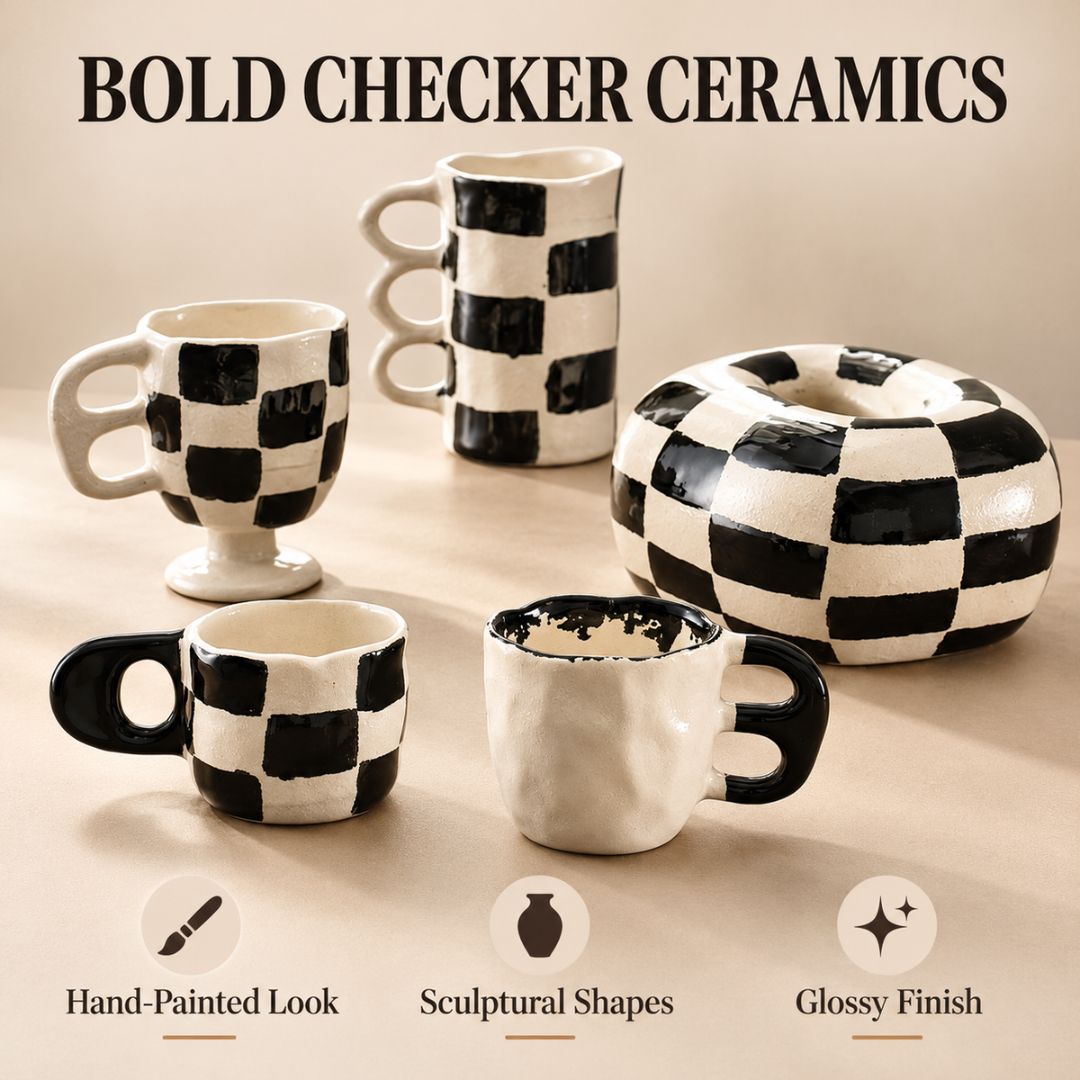 Black & White Checker Ceramic Collection – Sculptural Cups & Decorative Accent
