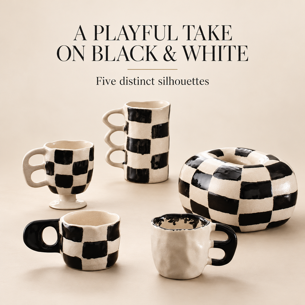 Black & White Checker Ceramic Collection – Sculptural Cups & Decorative Accent