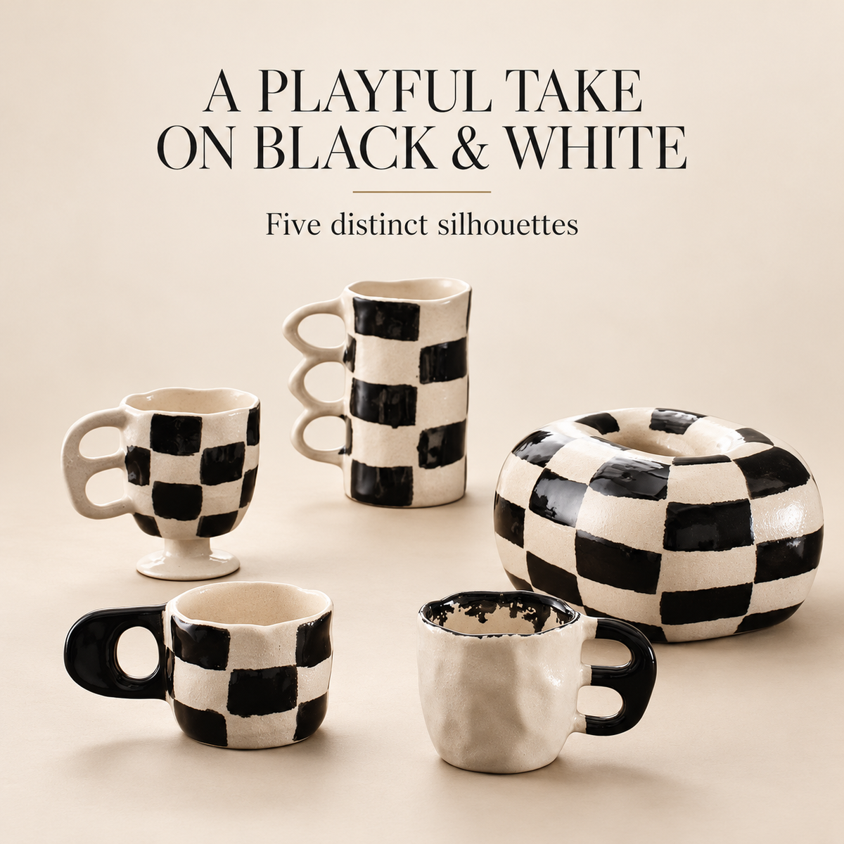 Black & White Checker Ceramic Collection – Sculptural Cups & Decorative Accent
