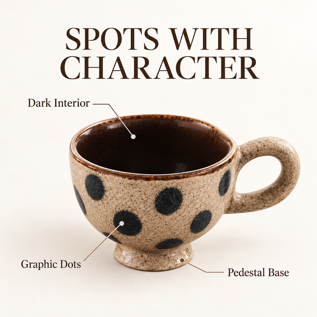 Black Dot Pedestal Ceramic Cup – Beige Textured Glaze & Brown Interior
