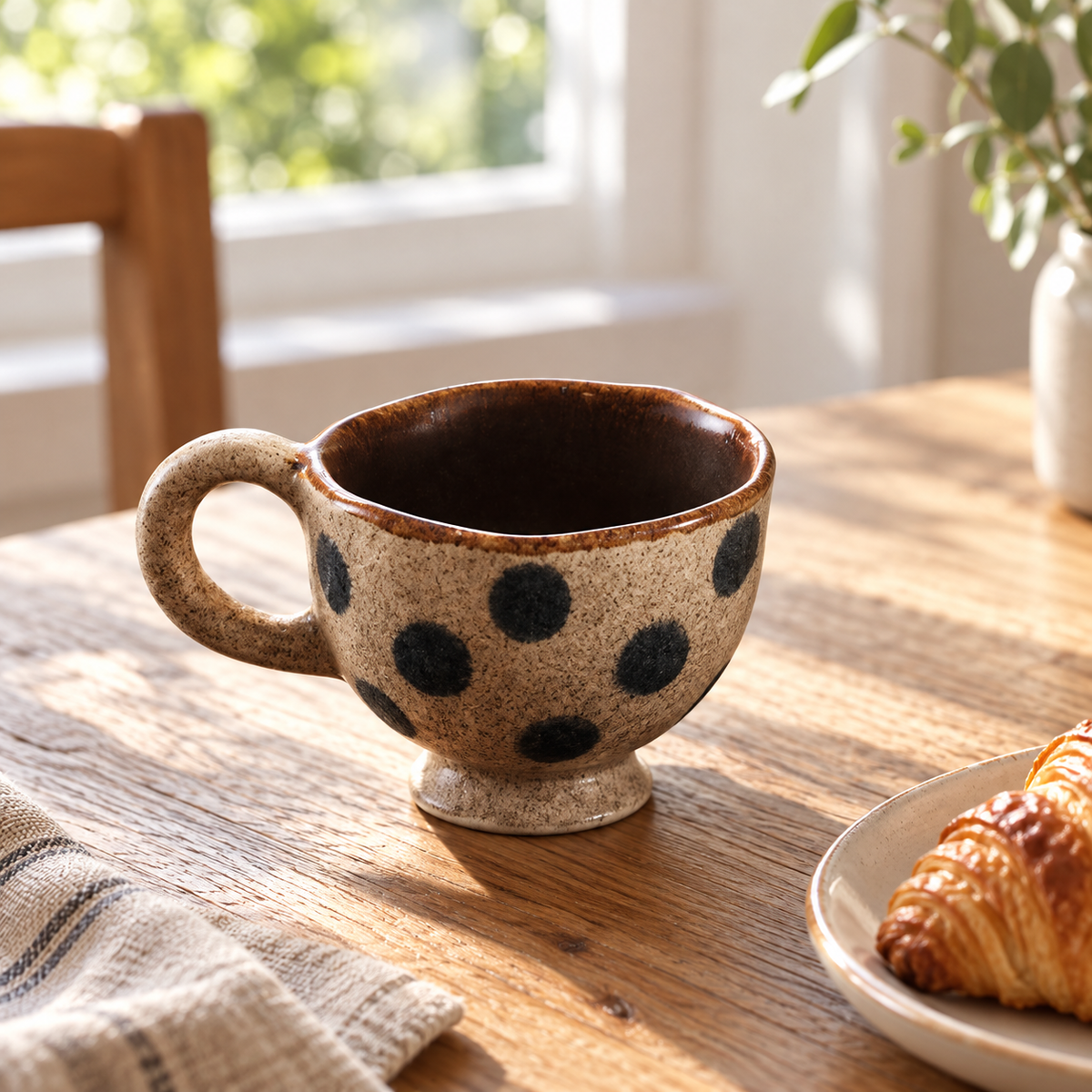 Black Dot Pedestal Ceramic Cup – Beige Textured Glaze & Brown Interior